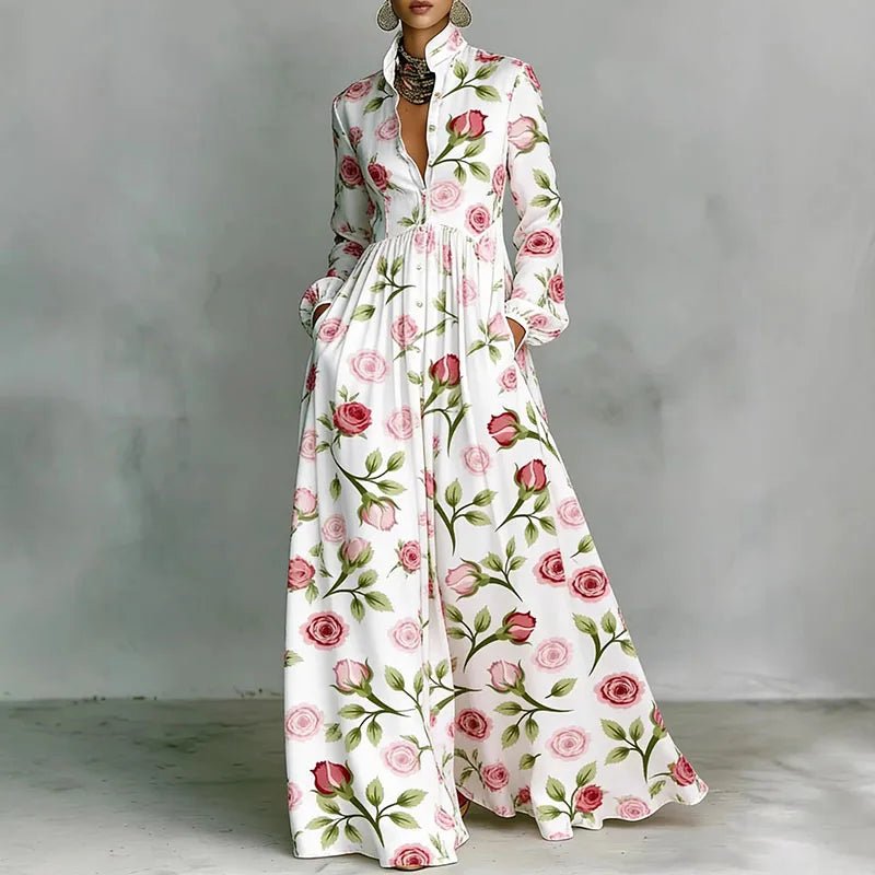 Women’s Geometric Print Maxi Dress High-Waist Long Sleeve Style 5