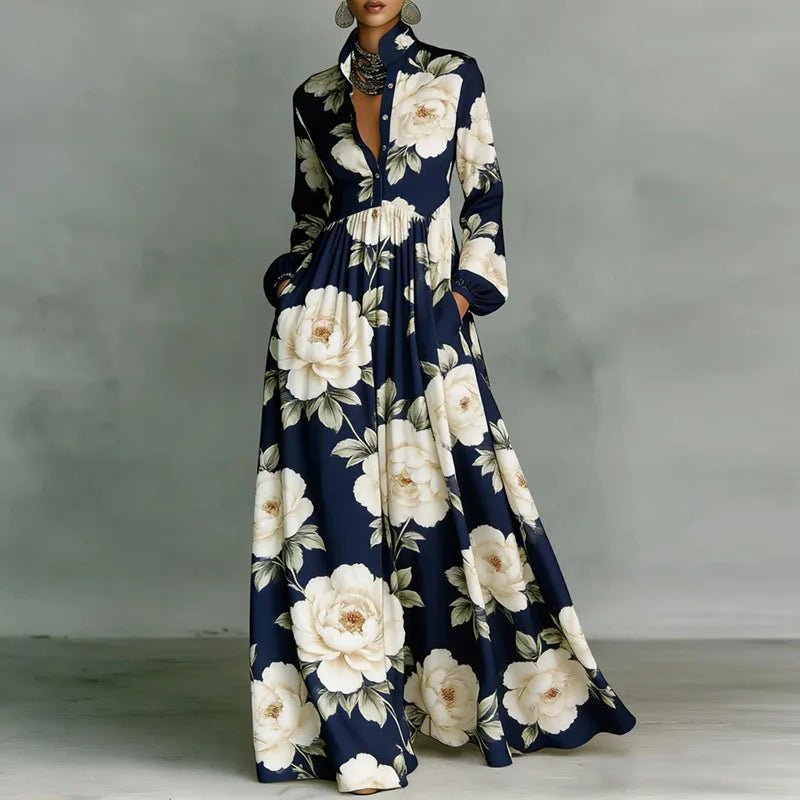 Women’s Geometric Print Maxi Dress High-Waist Long Sleeve Style 6