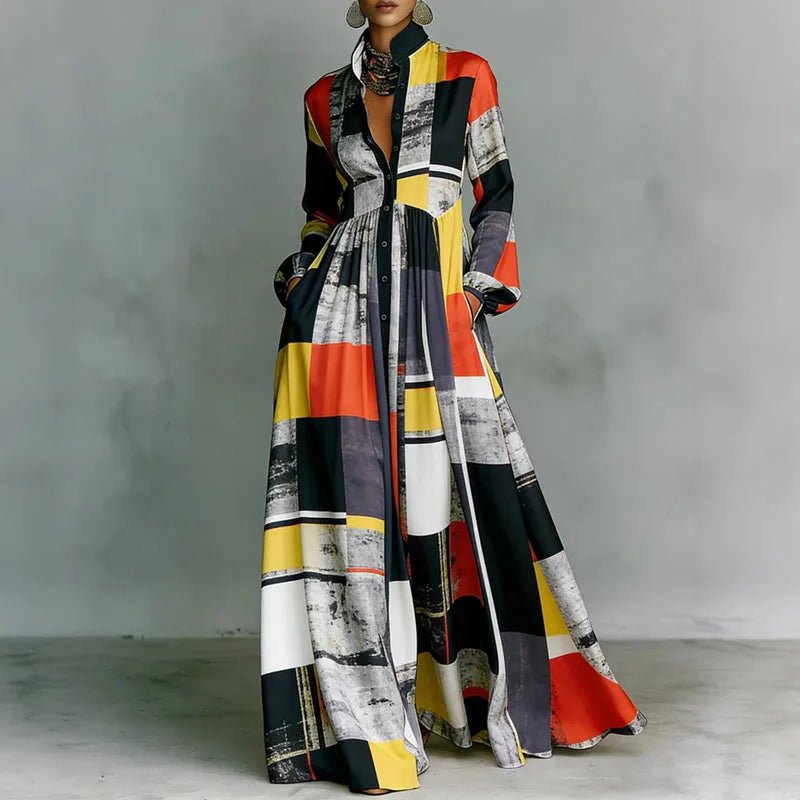 Women’s Geometric Print Maxi Dress High-Waist Long Sleeve Style 8
