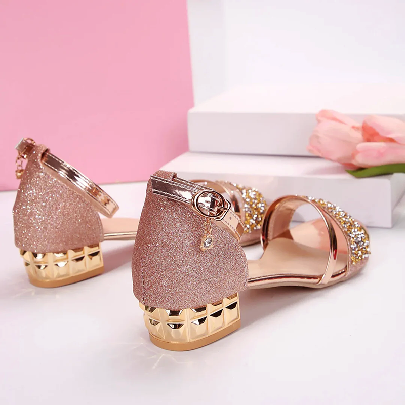 Women’s Glitter Strap Sandals Open-Toe Low Block Heel Design 8