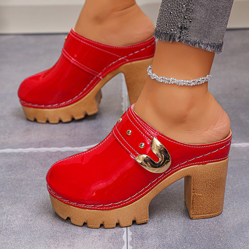 Women’s Glossy Block Heel Mules Bold Platform Design 0