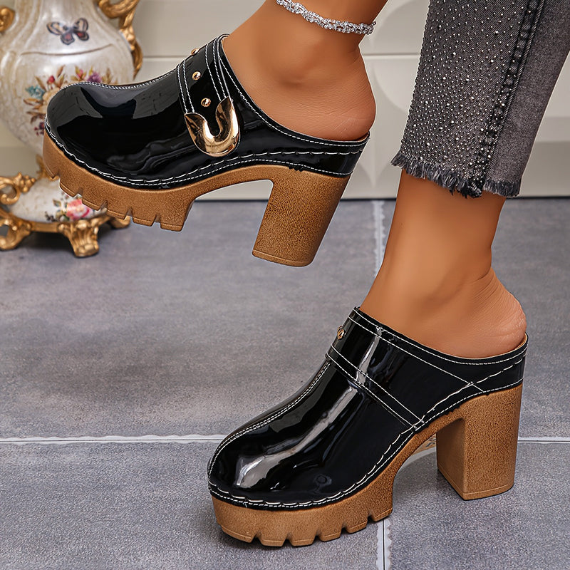 Women’s Glossy Block Heel Mules Bold Platform Design 3