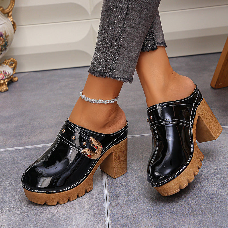 Women’s Glossy Block Heel Mules Bold Platform Design 4