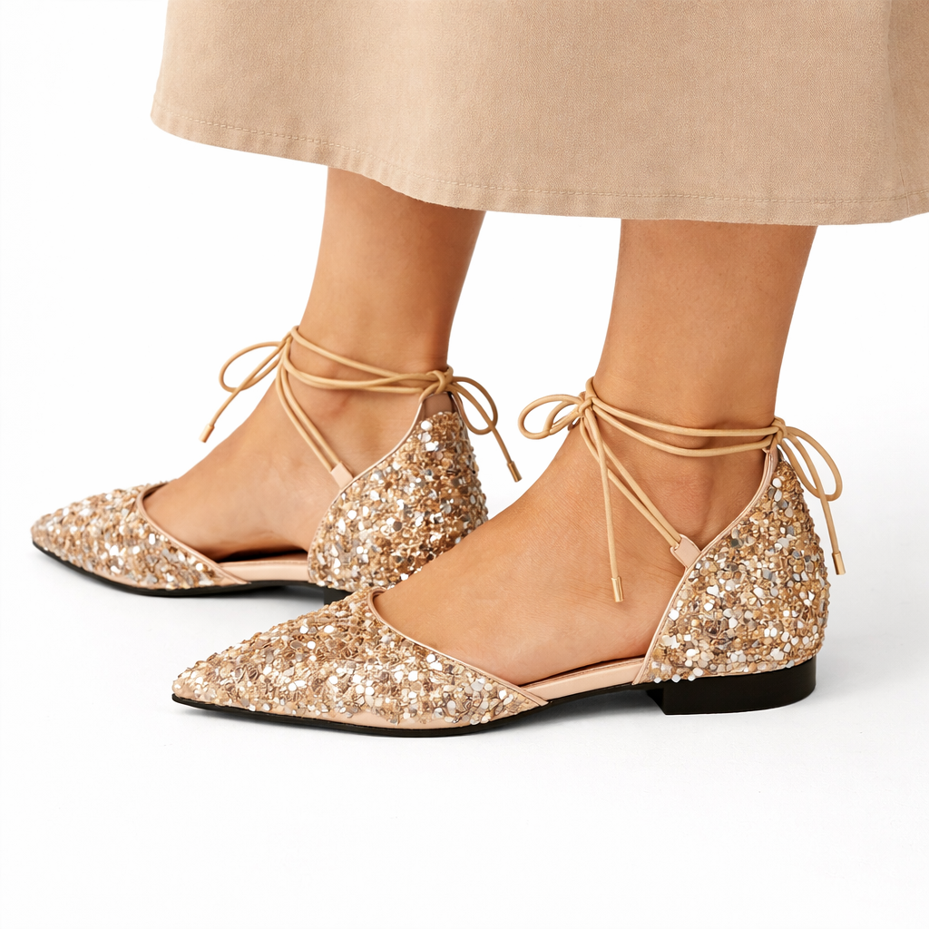 Women’s Gold Lace-Up Wedding Shoes Pointed Toe with Crystal Embellishments 0