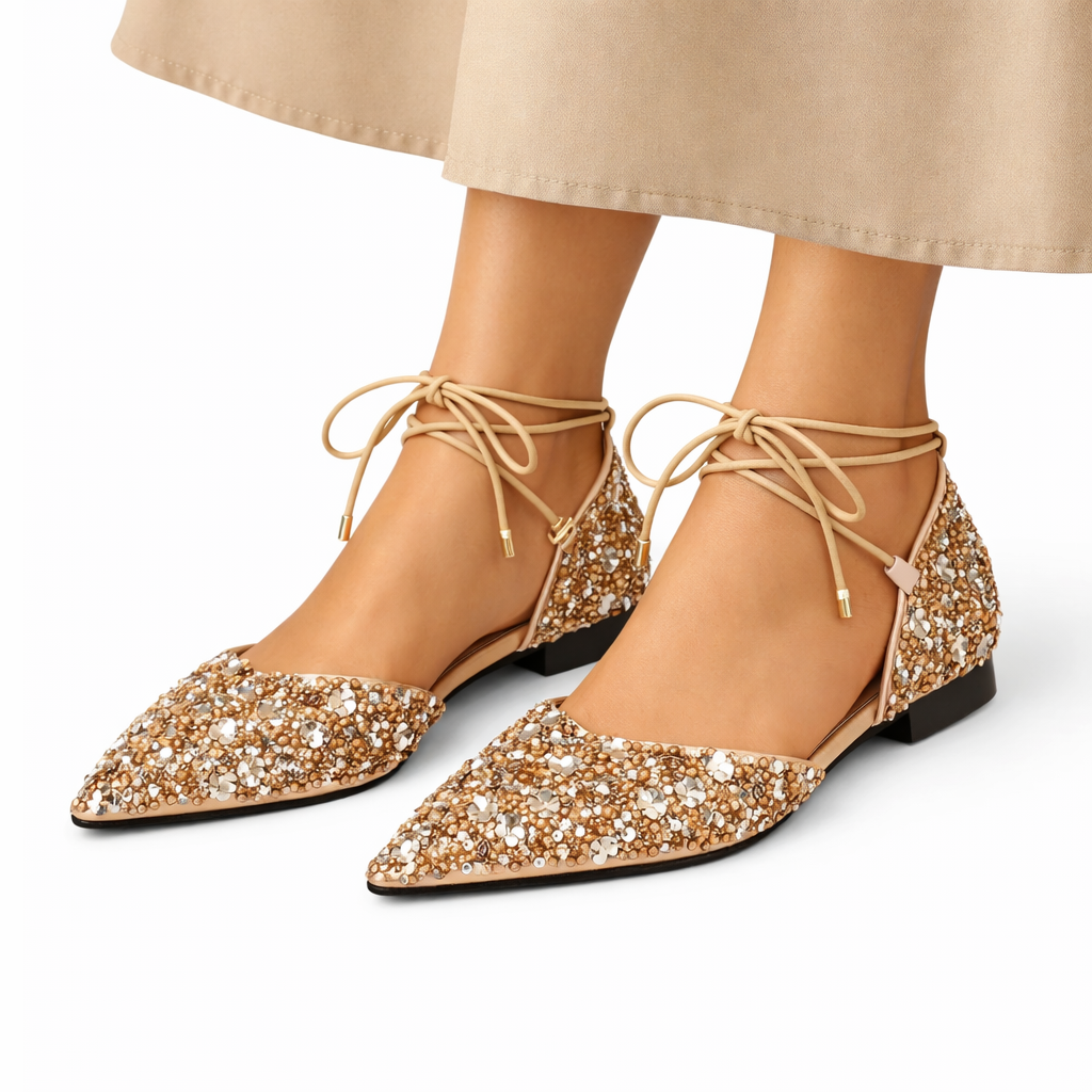 Women’s Gold Lace-Up Wedding Shoes Pointed Toe with Crystal Embellishments 1