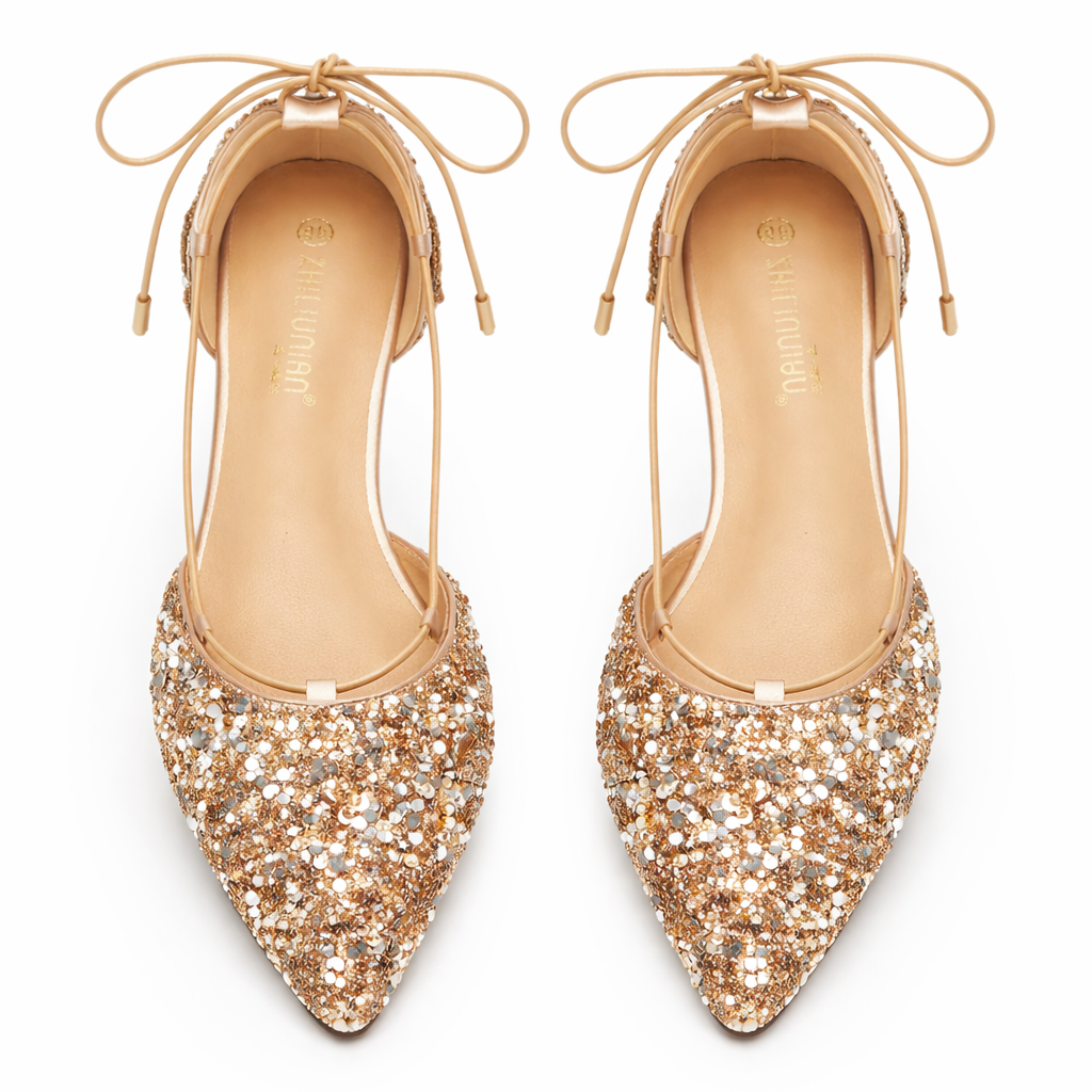 Women’s Gold Lace-Up Wedding Shoes Pointed Toe with Crystal Embellishments 2
