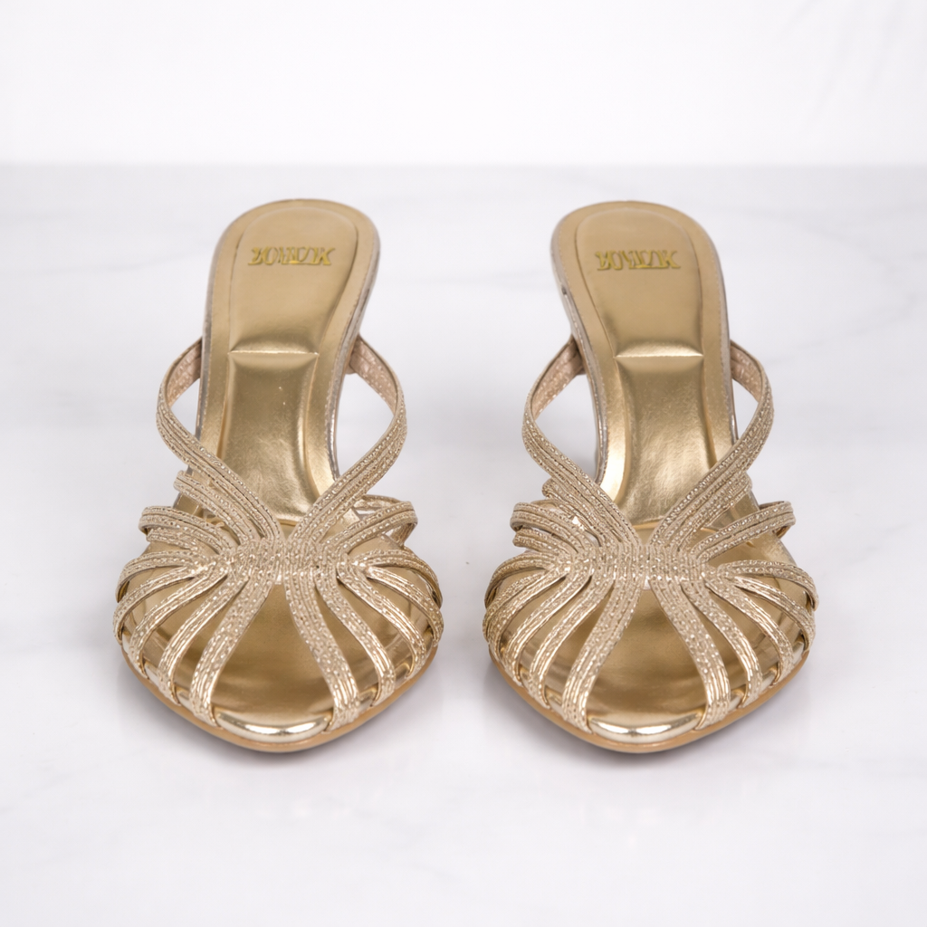 Women’s Gold Strappy Mule Heels Elegant Open Toe Design 2