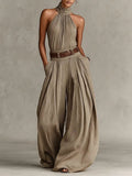 Women’s Halter Neck Jumpsuit Wide-Leg Cotton Blend Style 0