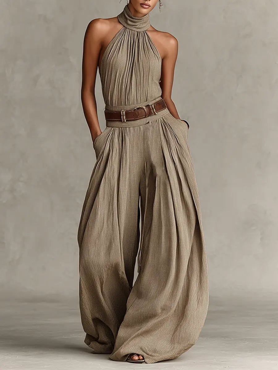 Women’s Halter Neck Jumpsuit Wide-Leg Cotton Blend Style 0