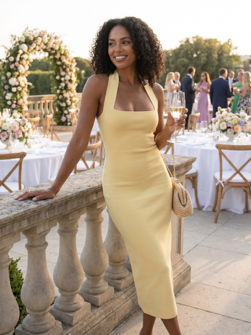 Women’s Halter Neck Midi Dress Elegant Fitted Silhouette 4