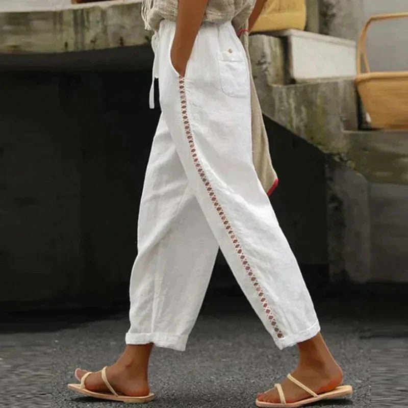 Women’s High-Rise Tapered Leg Trousers with Button Detail in Linen Look 0