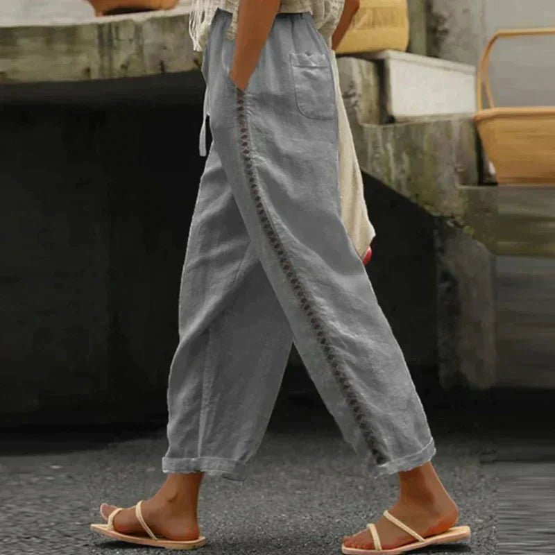 Women’s High-Rise Tapered Leg Trousers with Button Detail in Linen Look 1