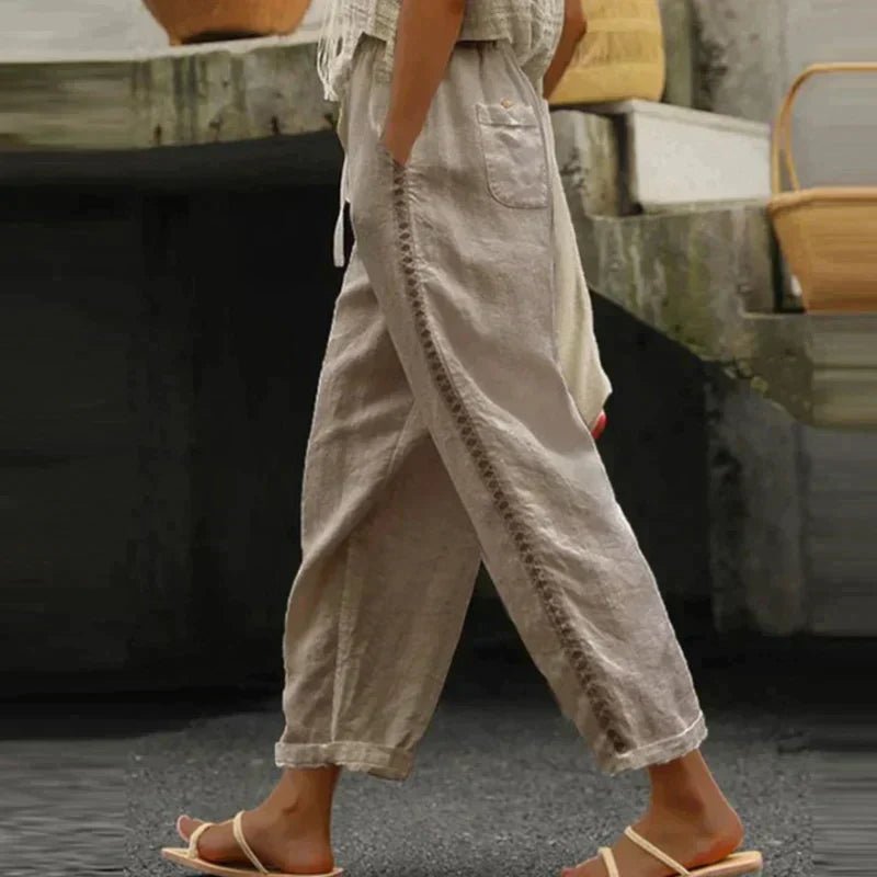 Women’s High-Rise Tapered Leg Trousers with Button Detail in Linen Look 2