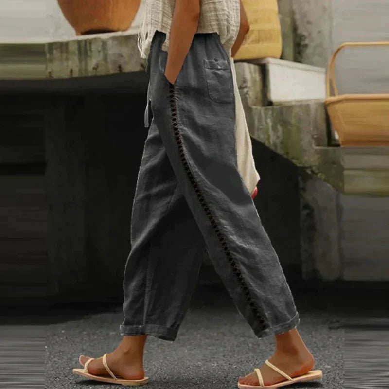 Women’s High-Rise Tapered Leg Trousers with Button Detail in Linen Look 3