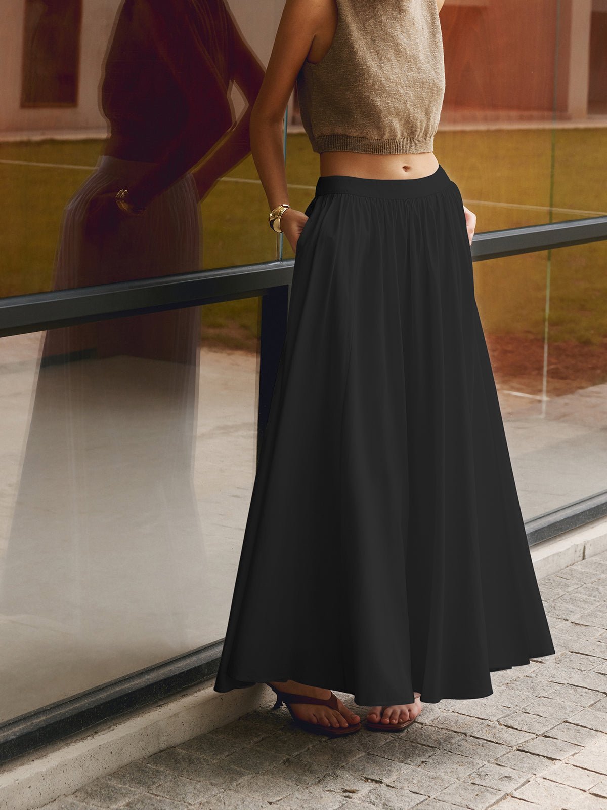Women’s High Waist A-Line Maxi Skirt with Pockets 6