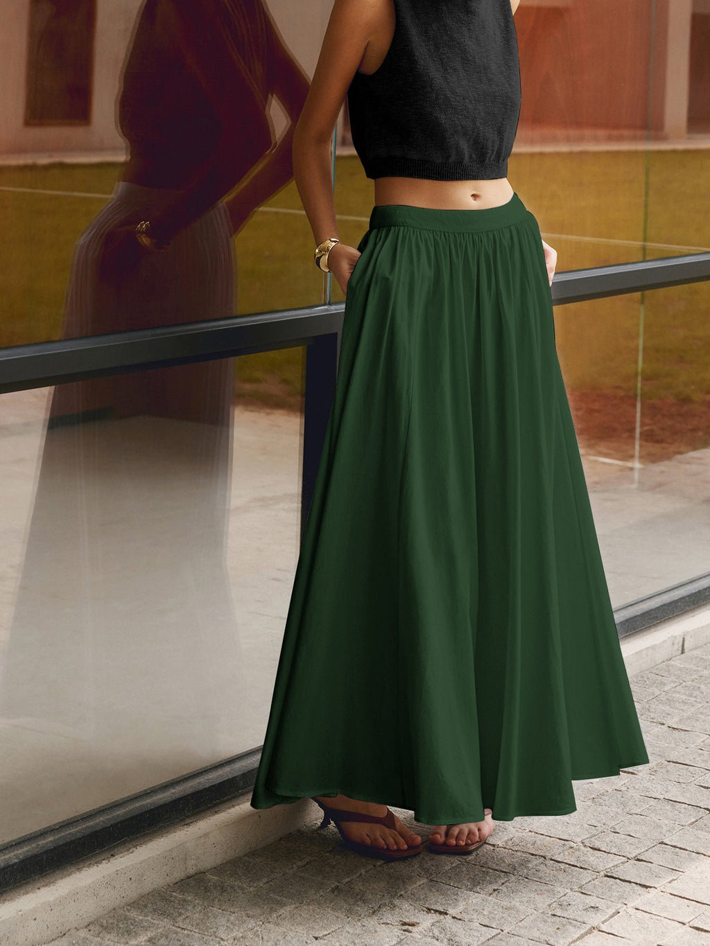 Women’s High Waist A-Line Maxi Skirt with Pockets 8
