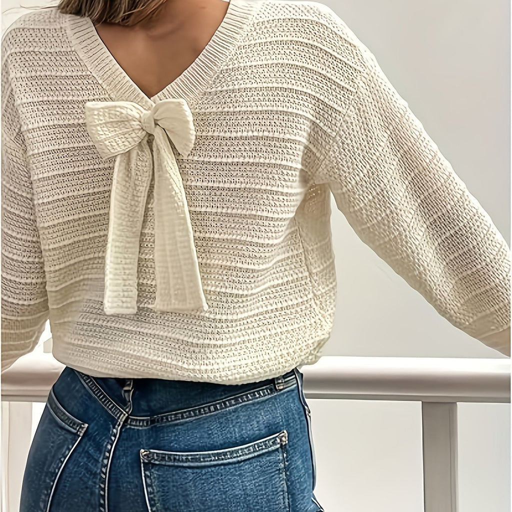 Women’s Knit Sweater with Bow Detail Elegant V-Neck Design 0
