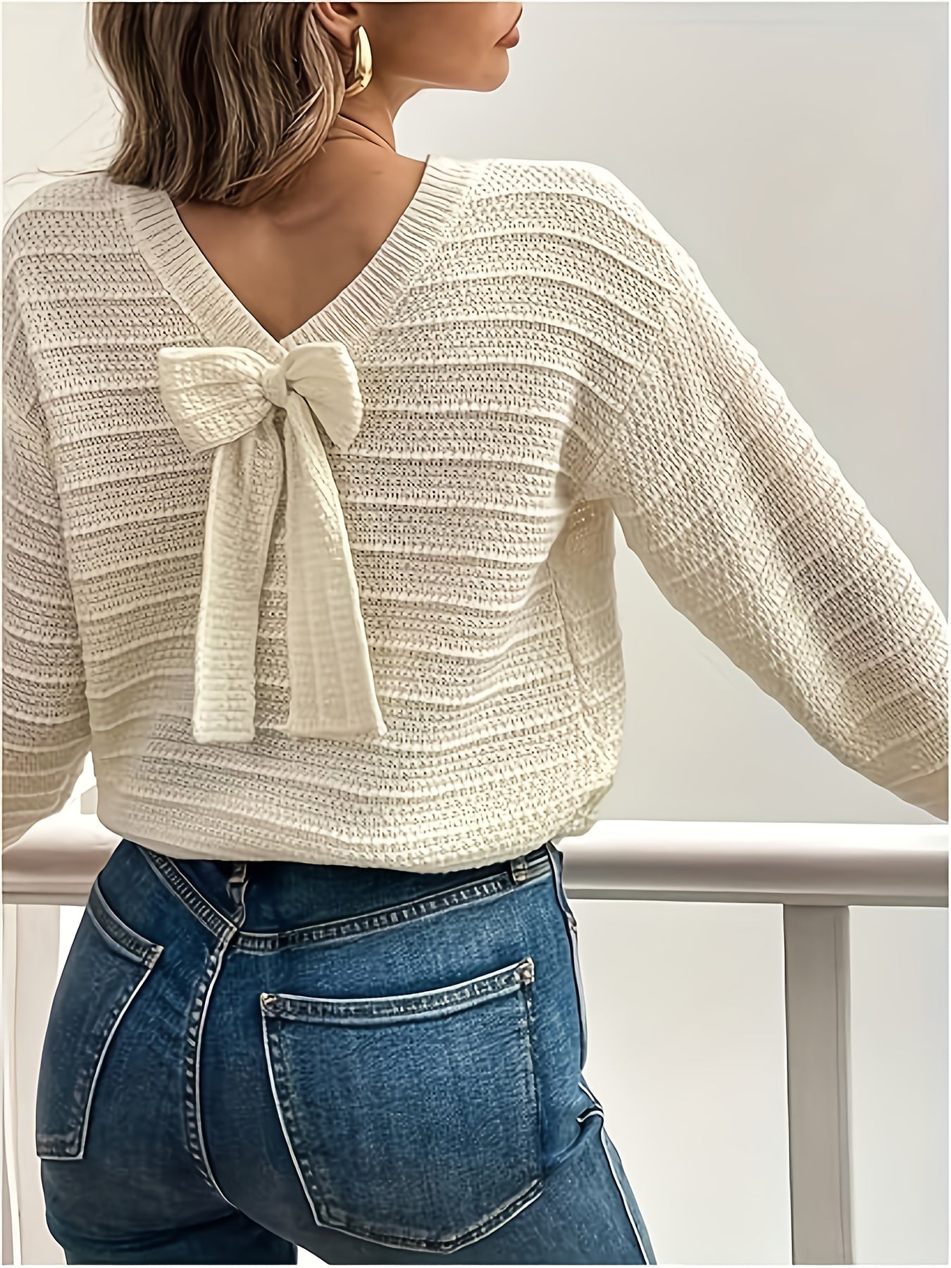 Women’s Knit Sweater with Bow Detail Elegant V-Neck Design 1