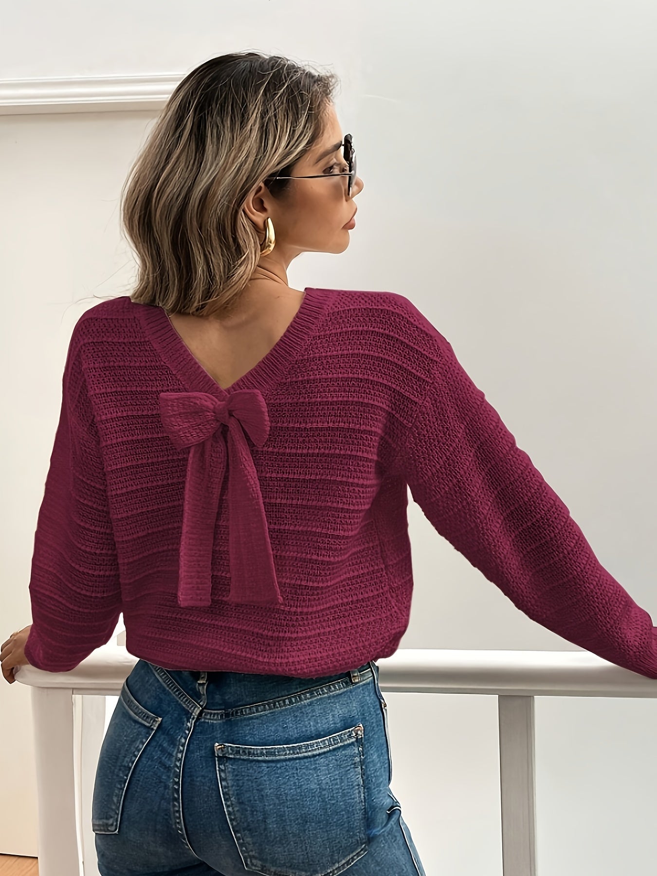 Women’s Knit Sweater with Bow Detail Elegant V-Neck Design 7