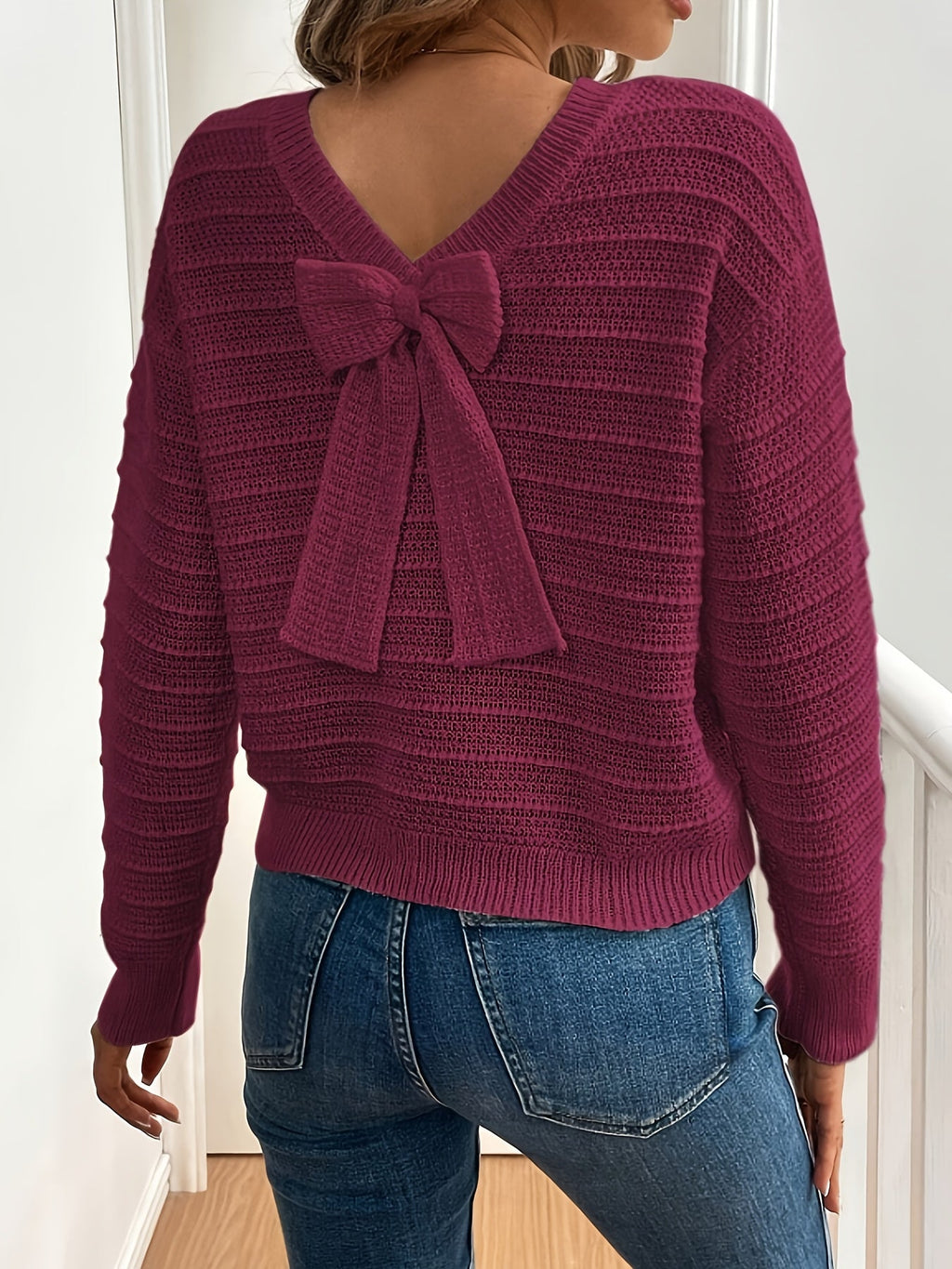 Women’s Knit Sweater with Bow Detail Elegant V-Neck Design 8