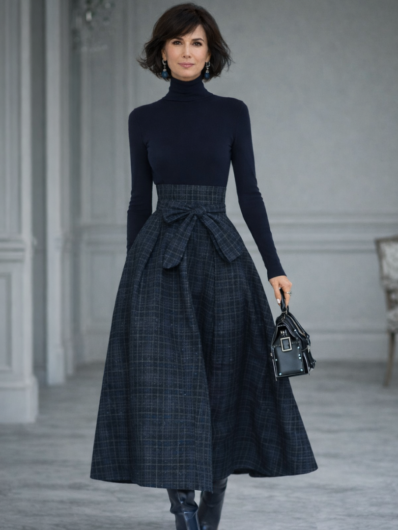 Women’s Knit Top and Plaid Maxi Skirt Set Elegant Comfort Design 0