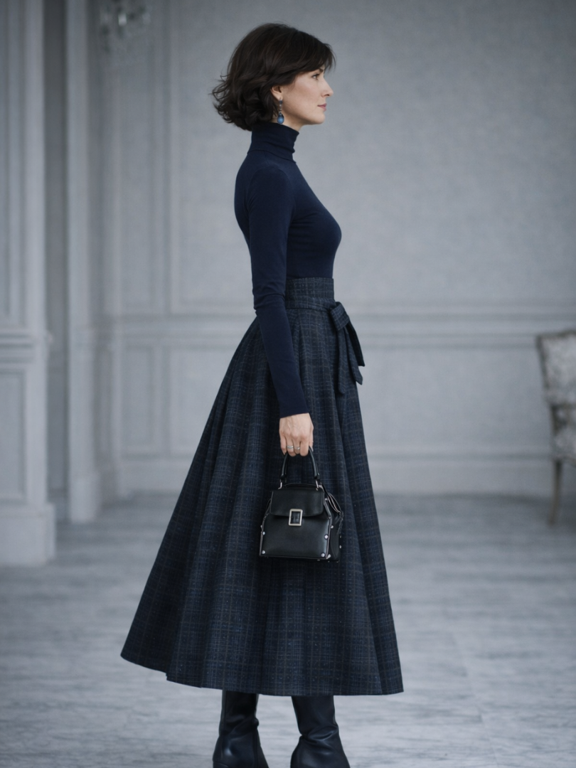 Women’s Knit Top and Plaid Maxi Skirt Set Elegant Comfort Design 1