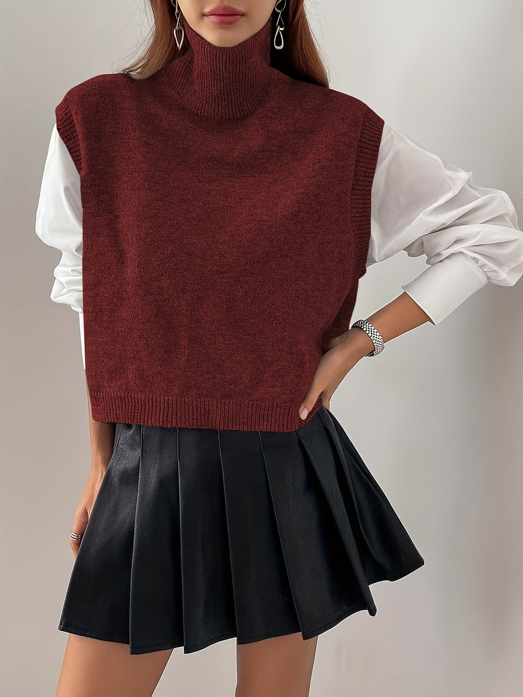 Women’s Knitted Sweater Vest Relaxed Fit High-Neck Layering Style 2
