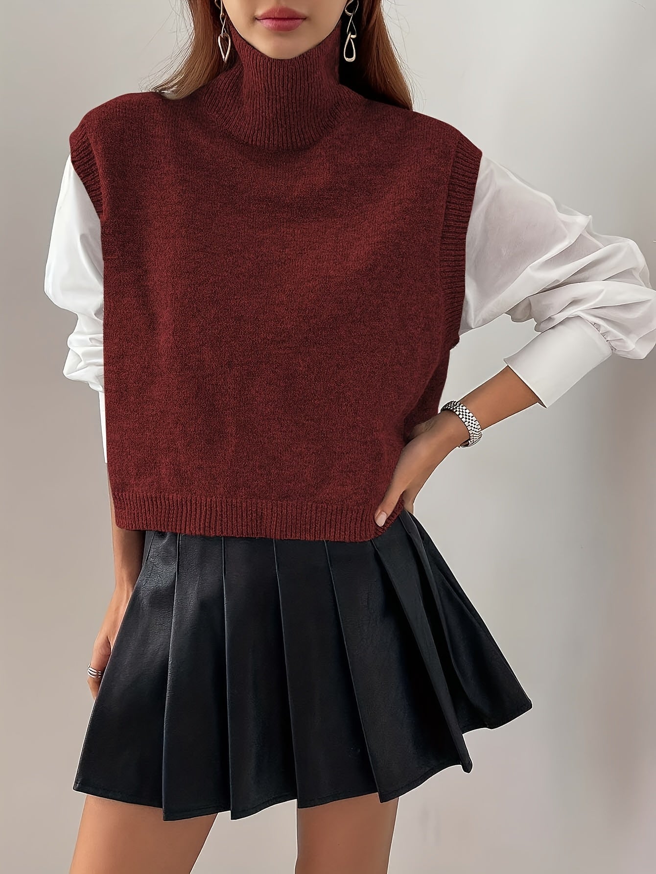 Women’s Knitted Sweater Vest Relaxed Fit High-Neck Layering Style 2