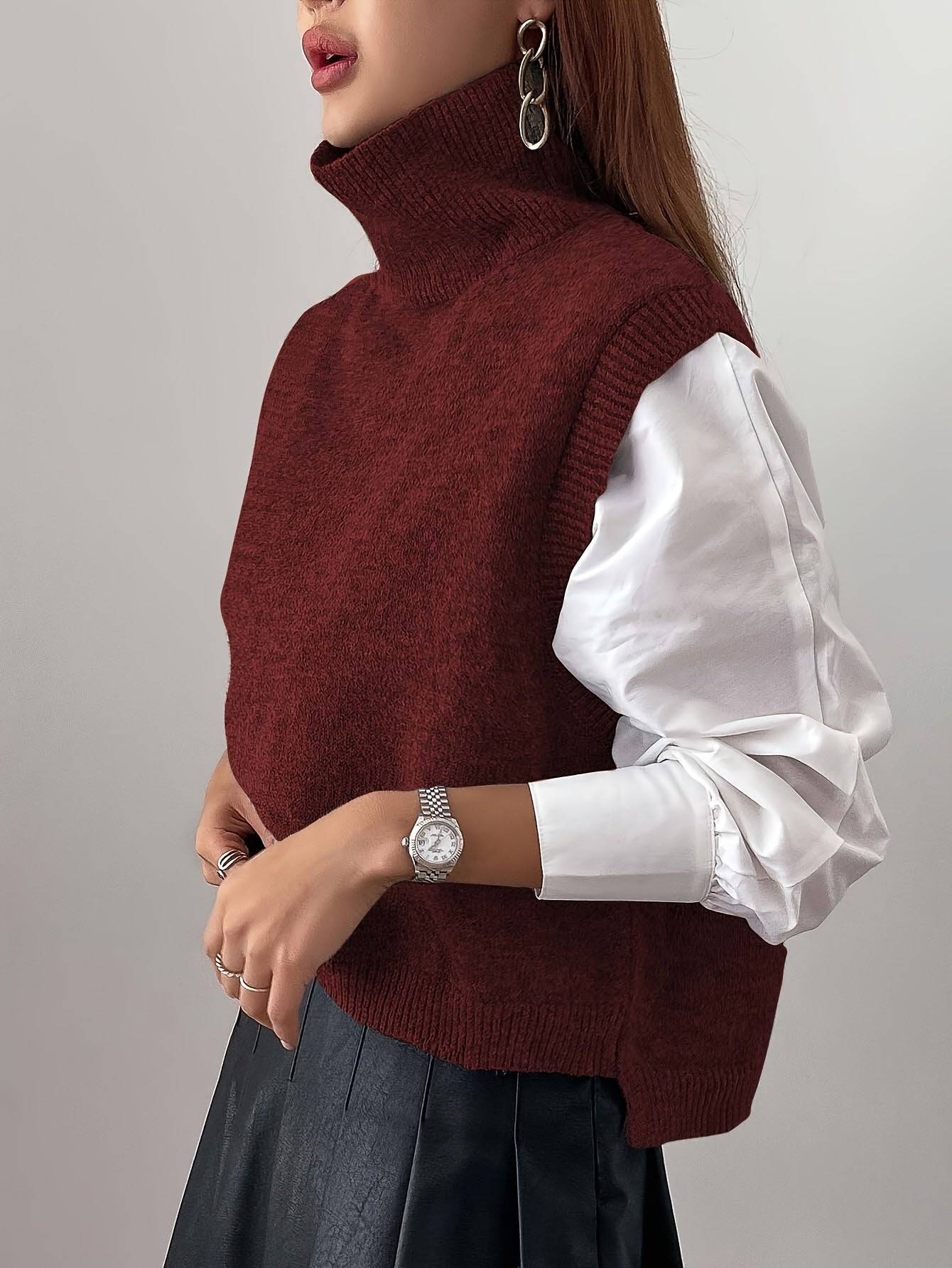 Women’s Knitted Sweater Vest Relaxed Fit High-Neck Layering Style 3