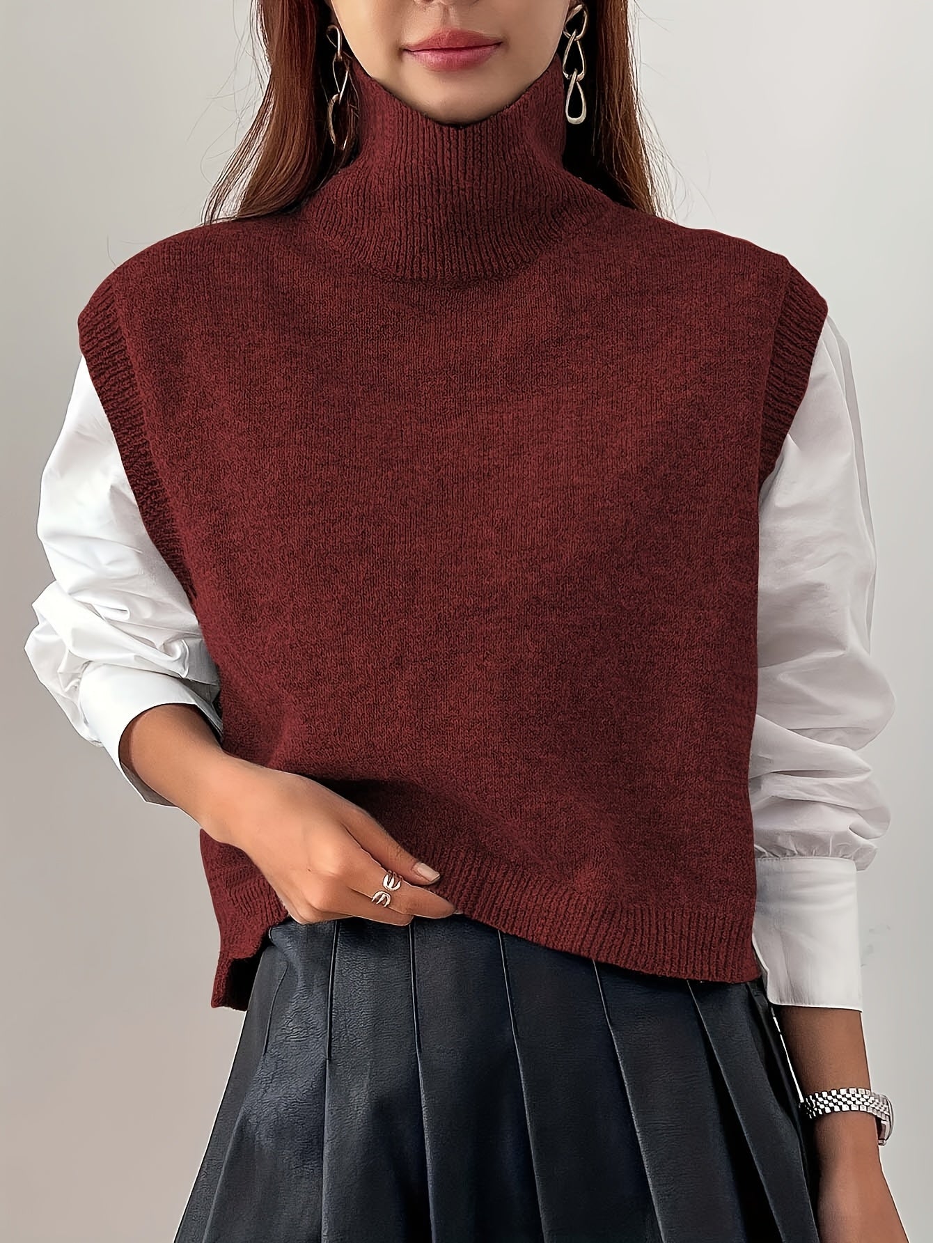 Women’s Knitted Sweater Vest Relaxed Fit High-Neck Layering Style 4