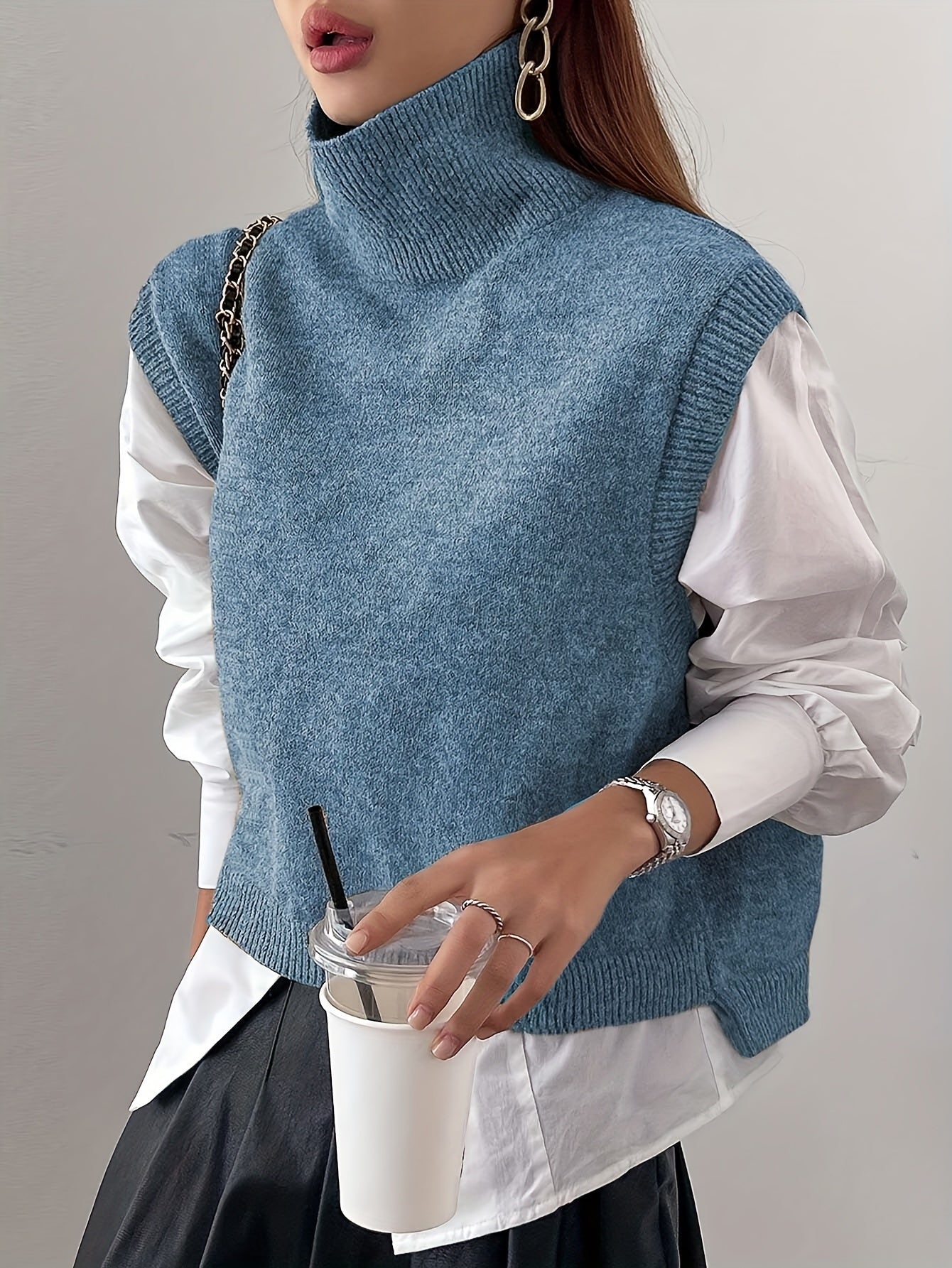Women’s Knitted Sweater Vest Relaxed Fit High-Neck Layering Style 6