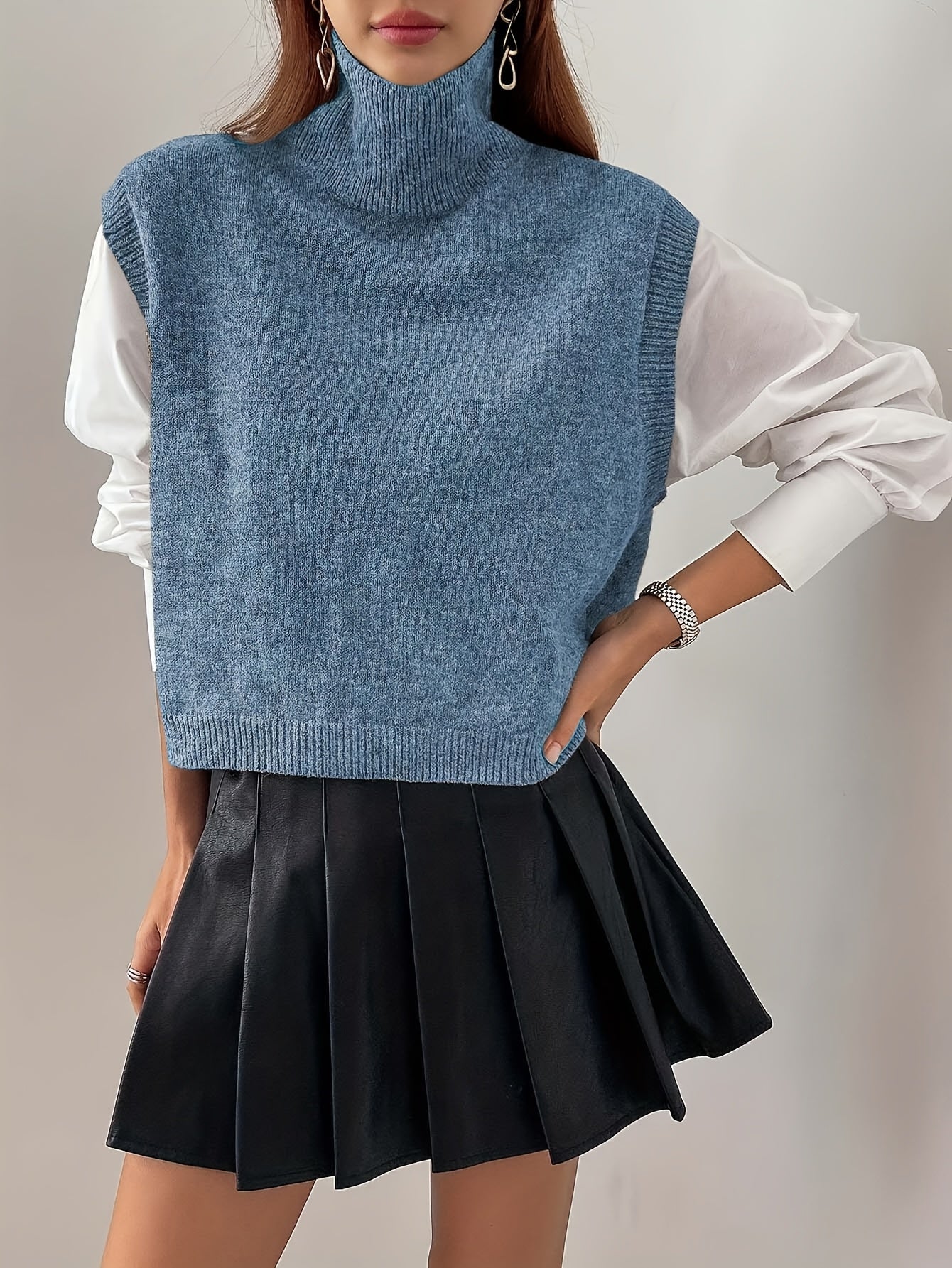 Women’s Knitted Sweater Vest Relaxed Fit High-Neck Layering Style 8