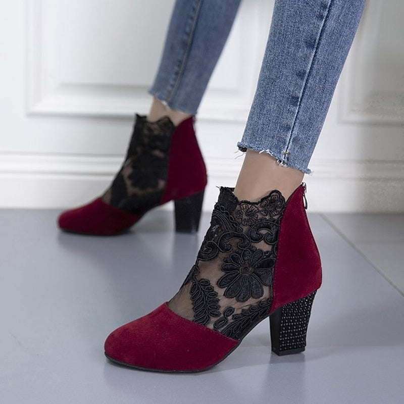 Women’s Lace-Accent Heeled Ankle Boots Elegant Block Heel Design 0