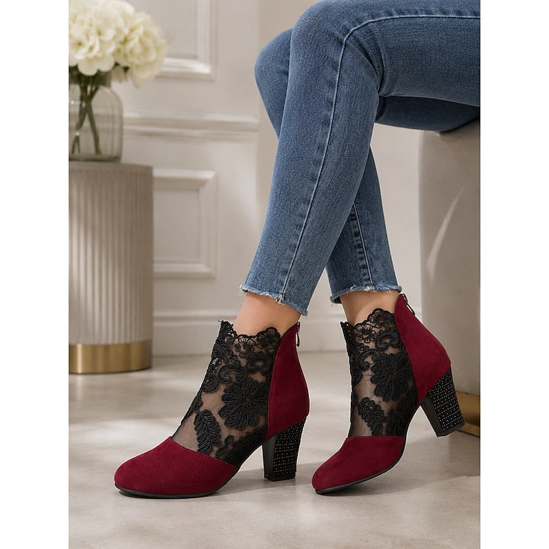 Women’s Lace-Accent Heeled Ankle Boots Elegant Block Heel Design 1