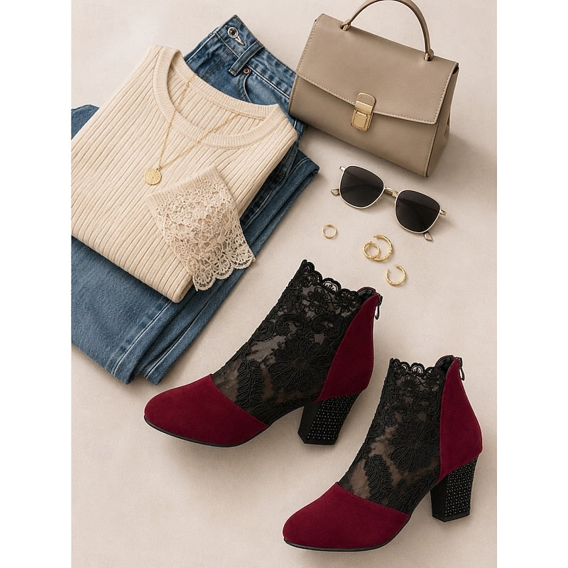 Women’s Lace-Accent Heeled Ankle Boots Elegant Block Heel Design 4