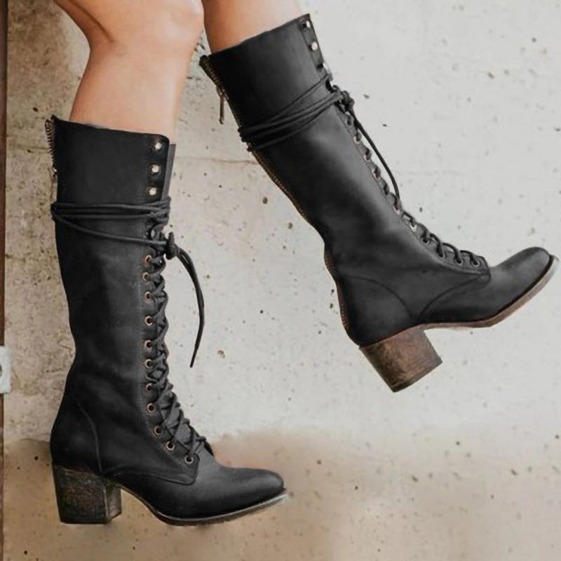 Women’s Lace-Up Knee High Boots Stylish Block Heel Design 0