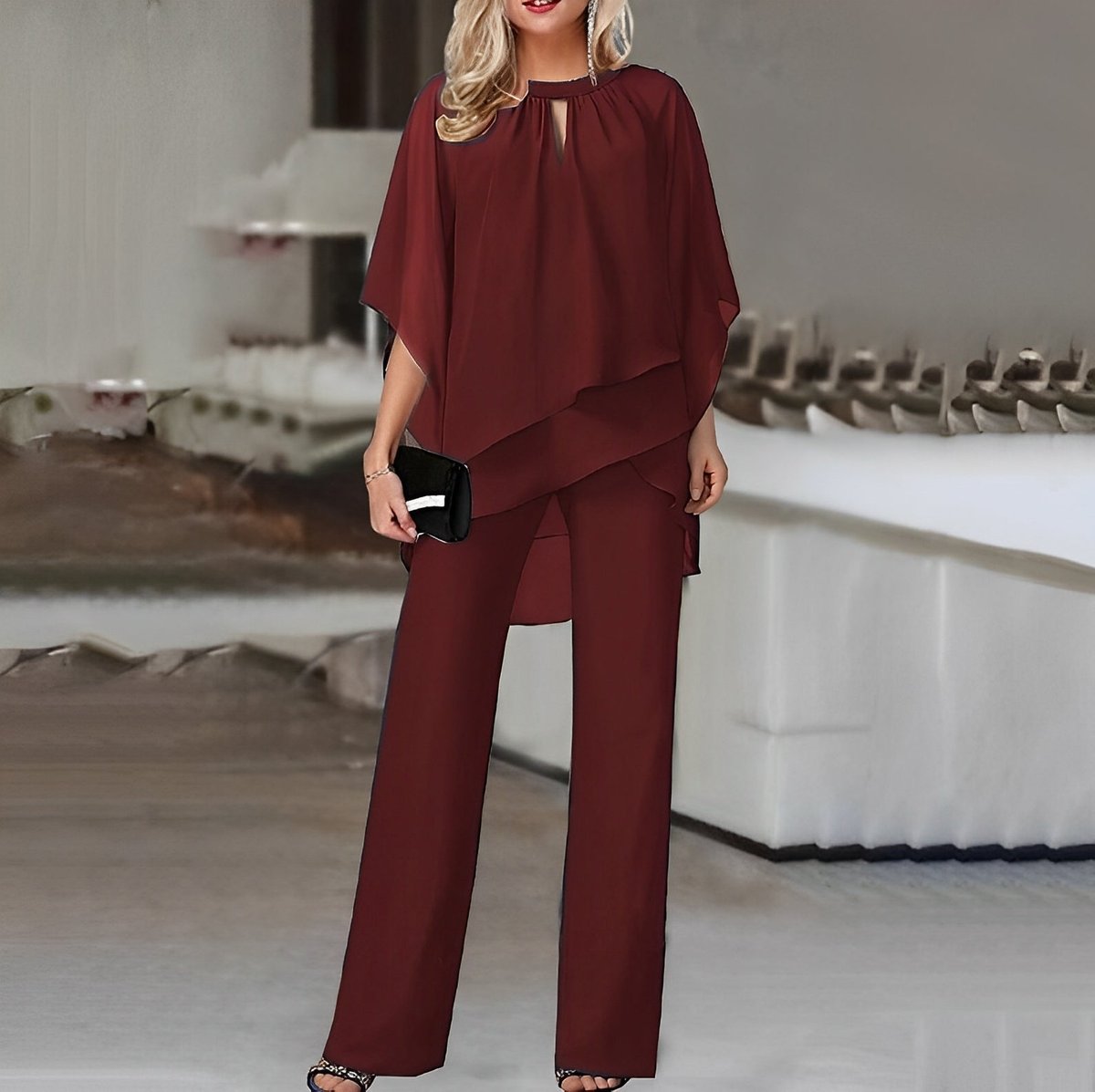 Women’s Layered Chiffon Wide Leg Pants Two-Piece Set 0