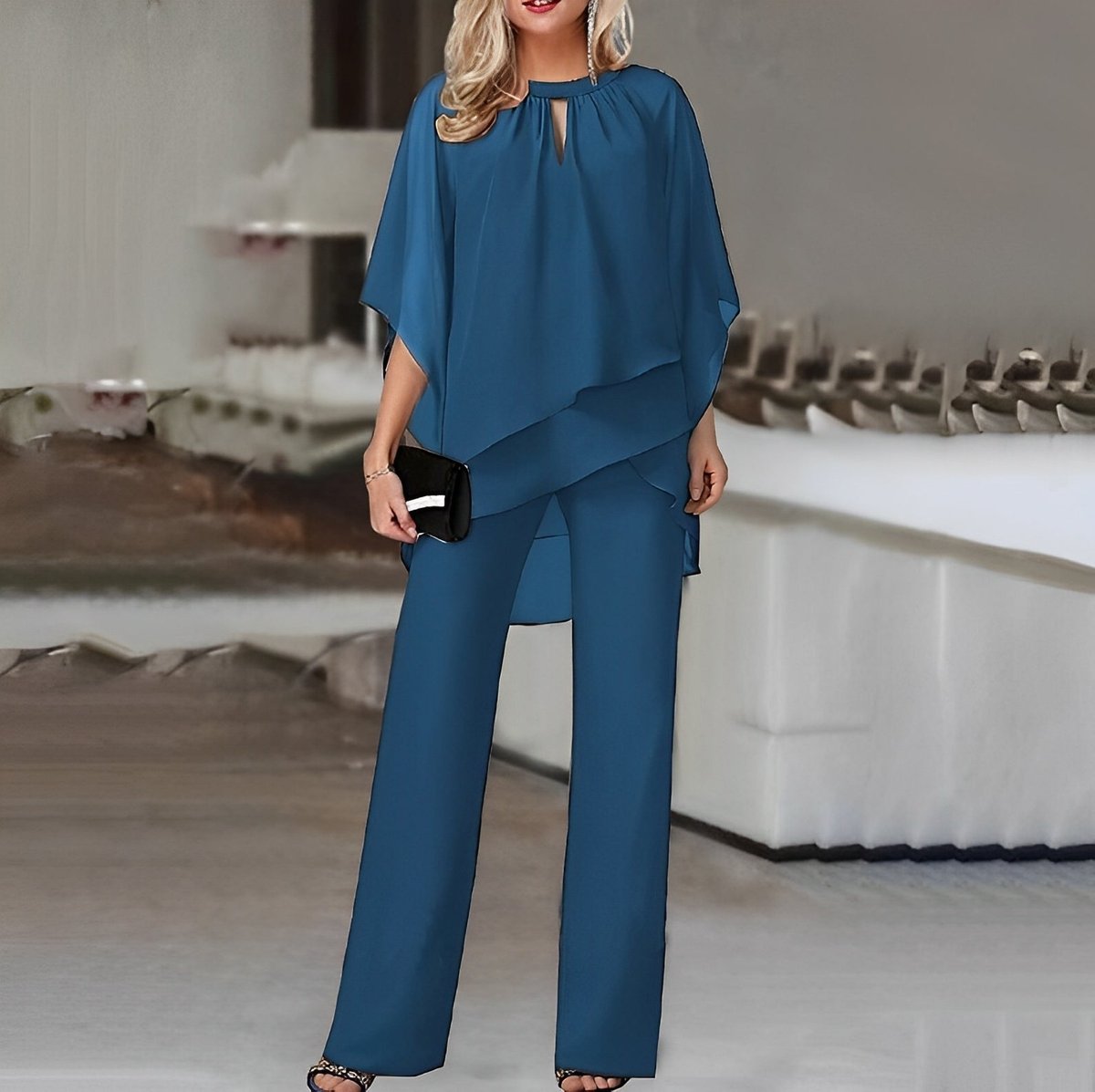 Women’s Layered Chiffon Wide Leg Pants Two-Piece Set 1