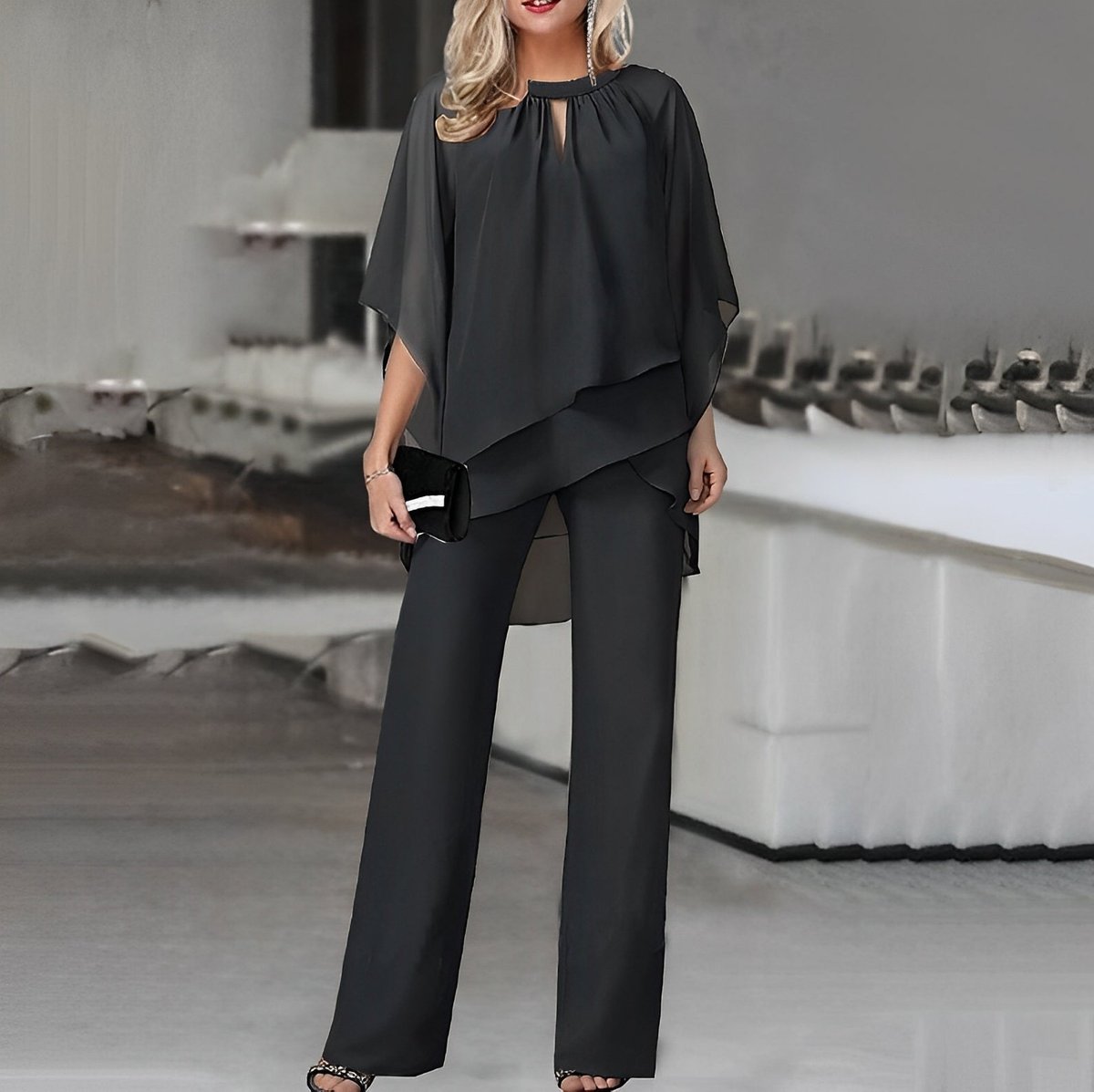Women’s Layered Chiffon Wide Leg Pants Two-Piece Set 3