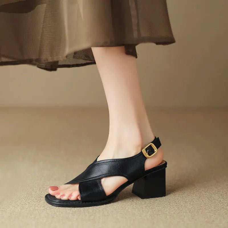 Women’s Leather Fisherman Sandals Crossover Design Low Block Heel 1