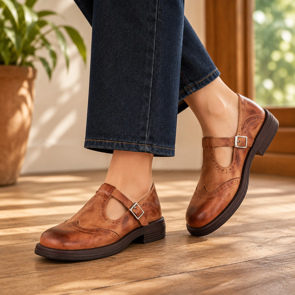 Women’s Leather Mary Janes Brogue Detail and Buckled T-Bar Strap 0