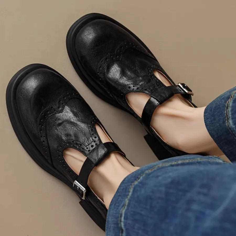 Women’s Leather T-Strap Shoes Elegant Vintage Design 0