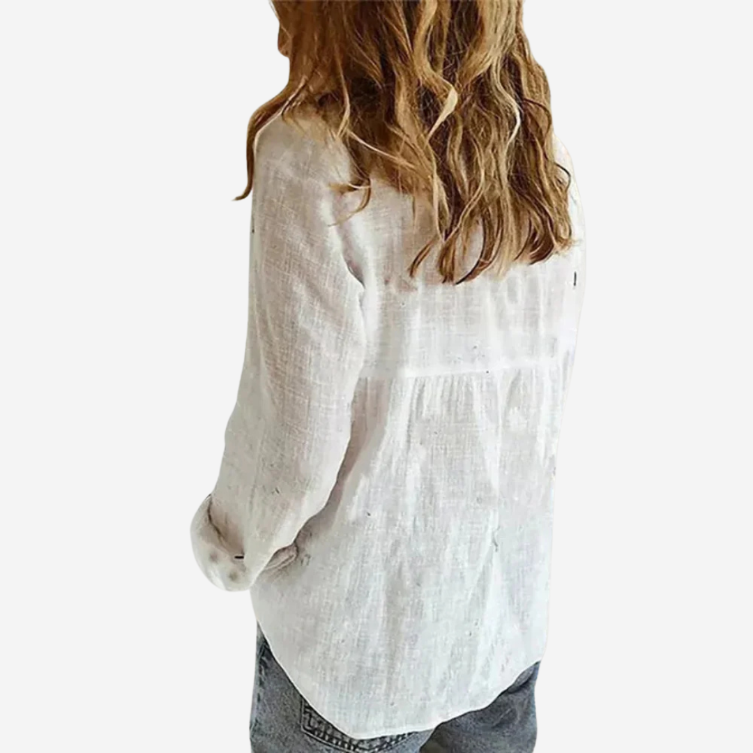 Women’s Linen-Blend Blouse Button Front Roll-Tab Sleeves 1