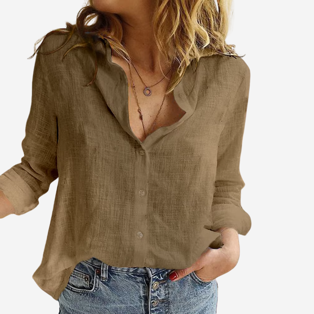 Women’s Linen-Blend Blouse Button Front Roll-Tab Sleeves 2