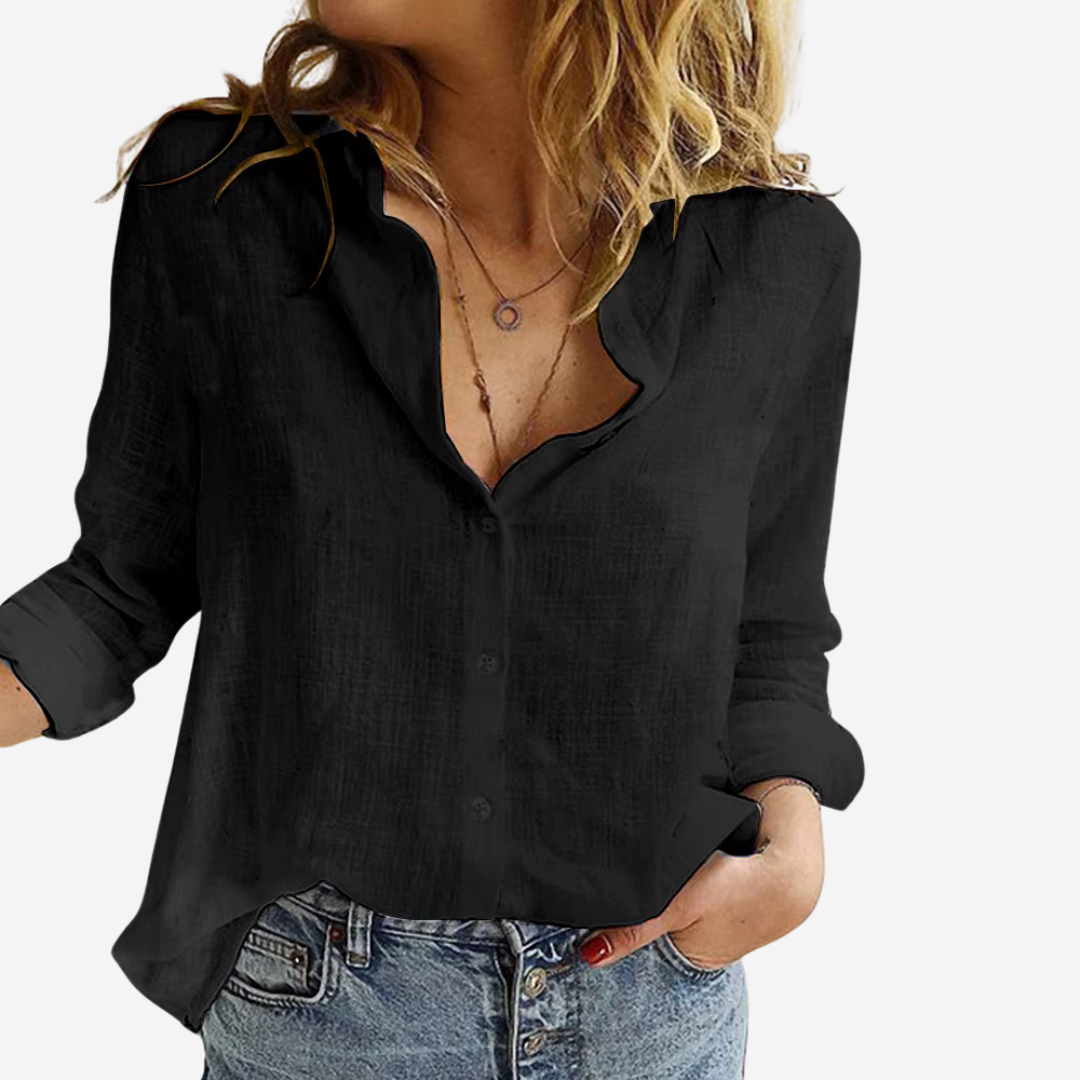 Women’s Linen-Blend Blouse Button Front Roll-Tab Sleeves 3