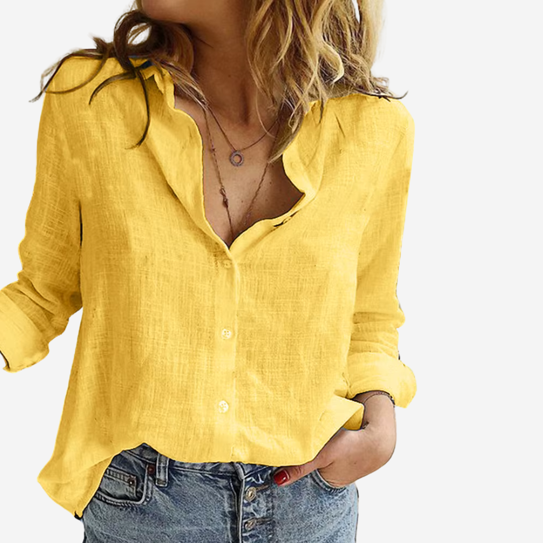 Women’s Linen-Blend Blouse Button Front Roll-Tab Sleeves 4