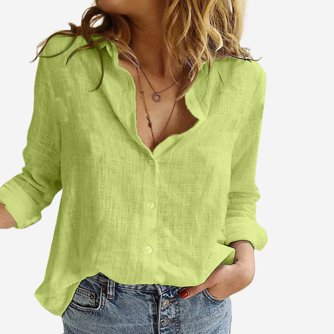 Women’s Linen-Blend Blouse Button Front Roll-Tab Sleeves 5