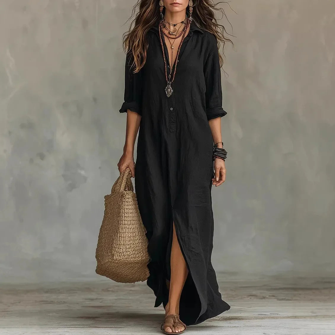 Women’s Linen-Blend Shirt Dress with Button Placket and Side Slits 1