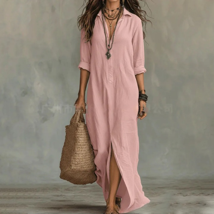 Women’s Linen-Blend Shirt Dress with Button Placket and Side Slits 3