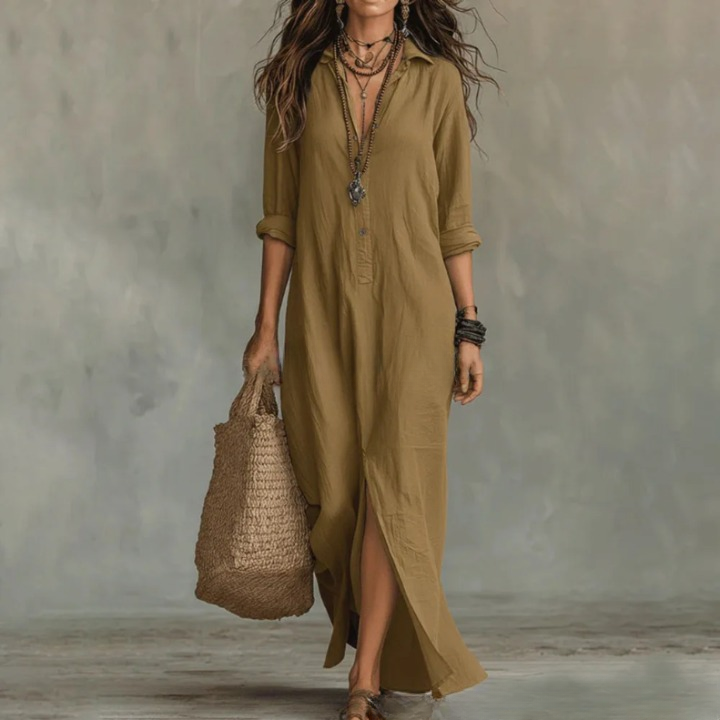 Women’s Linen-Blend Shirt Dress with Button Placket and Side Slits 4